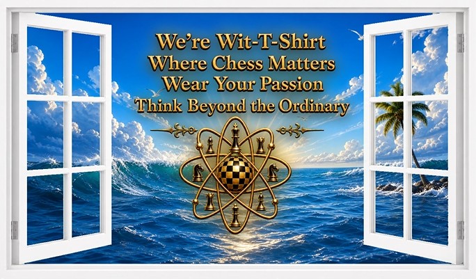 An open window looking out over an ocean wave at sunrise. Gold lettering reads: We're Wit-T-Shirt, Where Chess Matters, Wear Your Passion, Think Beyond the Ordinary — above a gold atom built from chess pieces orbiting a checkered sphere.